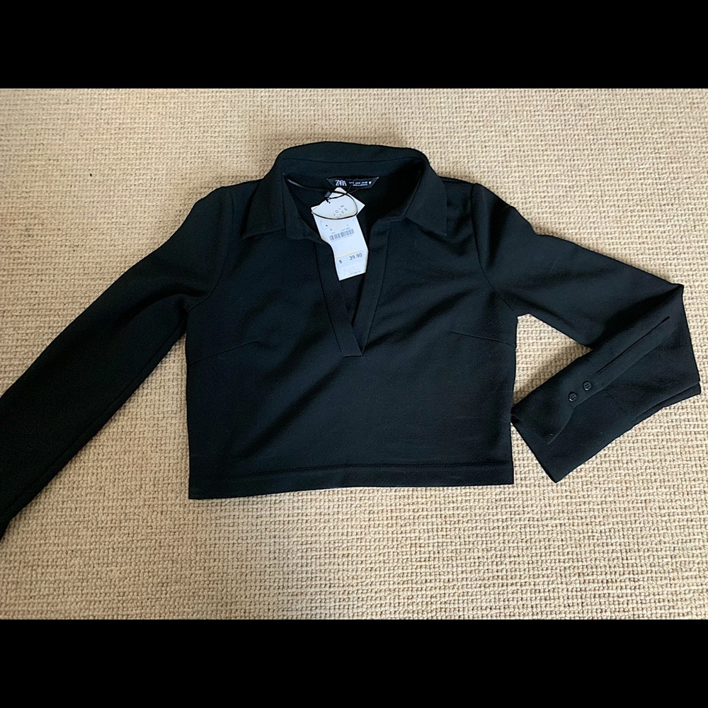 Cropped Black Long Sleeve Polo